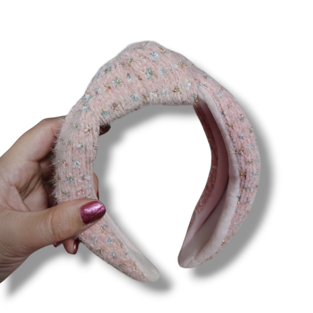 New Cozy Pink Knitted Too Knot Chunky Headband In Pink/Blue/Gold Combo